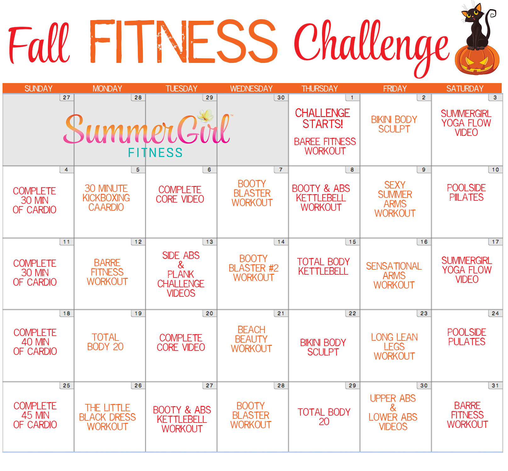 Fall Fitness Challenge Calendar SummerGirl Fitness